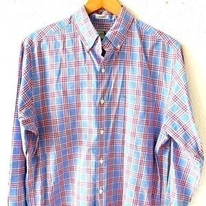 J. Crew classic fit chambray blue w/ red & white plaid button down shirt Sz S